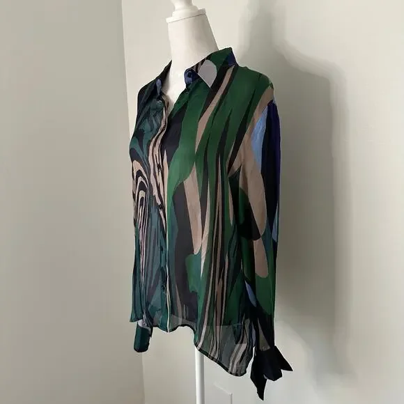 Feraud black, green, blue & purple button down silk top size 44 - Picture 3 of 11